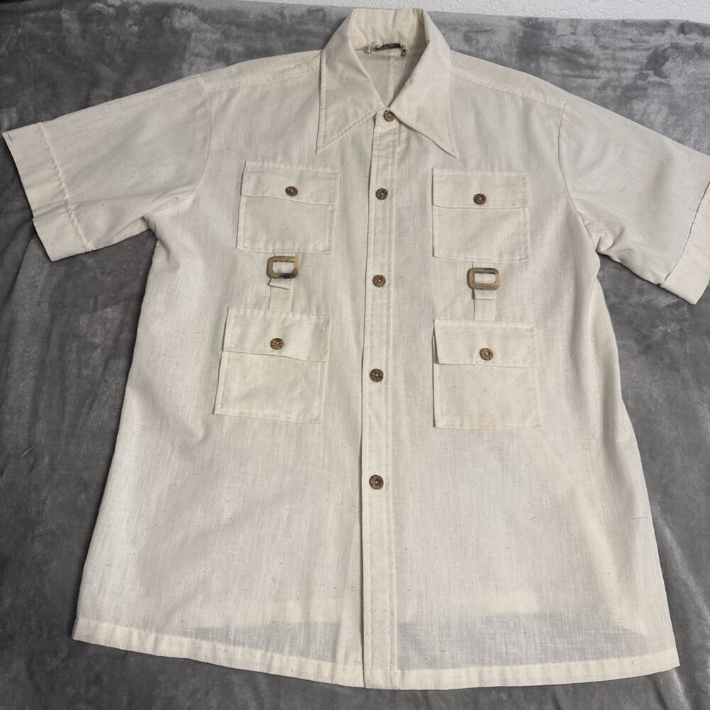 Malihini Mens Ivory 4 Pocket Safari Shirt S/Sleeve Camp Collar Vintage Hawaii XL
